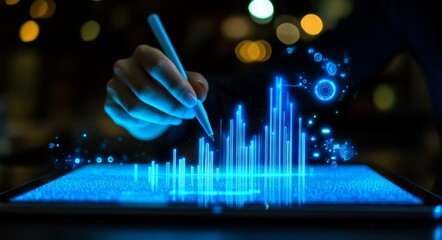 Poster - Analysis of financial graph growth chart using digital tablet, businessman working at office, background of business and finance.