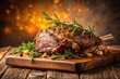 © Four888 - Roasted leg of lamb garnished with fresh rosemary and served on a rustic wooden platter against a warm, neutral-toned background.