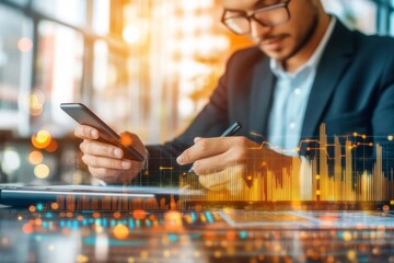 Poster - the image shows a businessman using a virtual screen to analyze a financial graph in an office