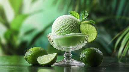 Lime sorbet with fresh lime slices in a glass bowl, served on a table with a green background.