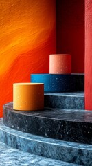 Poster - Three orange and blue stools are arranged on a staircase