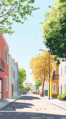 Wall Mural - A Tranquil Street Scene: Lush Greenery, Sunny Skies, and Colorful Houses Embrace a Quiet Moment.