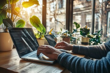 Poster - In his home office, the casual freelancer surfs the internet on his laptop computer and uses his mobile phone