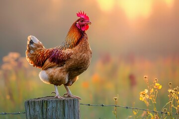 Poster - A Rooster Perched on a Fence Post at Sunset