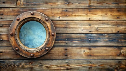 Close-up of a ship porthole on a weathered wooden wall