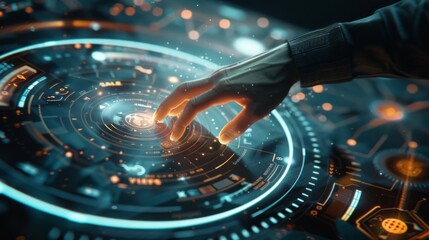 Poster - A hand is touching a glowing circle on a computer screen
