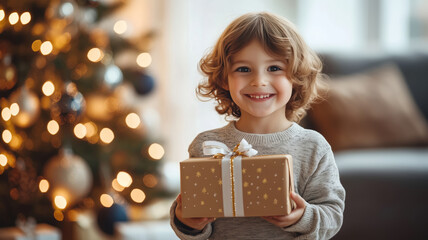 Close up of a small boy holding a Christmas present with a Christmas tree in the background