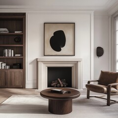 modern living room with brown leather chairs and grey sofa and fireplace in mid-century style.