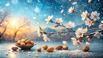 3. Whispers of winter wind sweeping through the scene, carrying the essence of blanched almonds with a calming atmosphere, a serene and peaceful vibe, a realistic photo image.