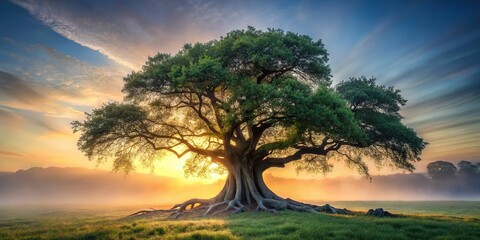 in a misty dawn, a gnarled, old fig tree stands alone, its twisted branches conveying the complexiti
