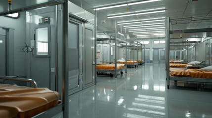 Poster - A hospital room with beds and a hallway