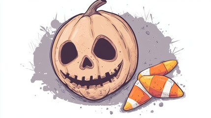 A spooky Halloween pumpkin with a skull face, accompanied by colorful candy corn, perfect for festive decoration or illustration.