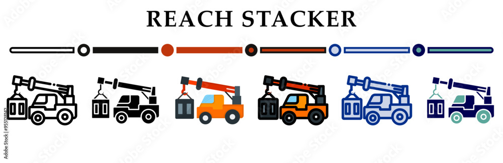 Reach stacker icons set. 6 Various styles. For sign, symbol, element ...