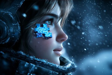 Poster - Lateral thinking Neuronal network A young woman with a puzzle piece attached to her face in a snowy environment symbolizing the search for identity and self awareness in a cold isolated world