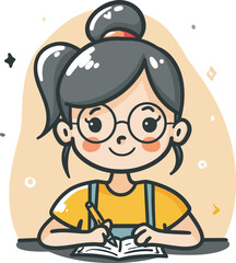 Poster - Cute Cartoon Girl Writing In Notebook Studying Education Knowledge Back To School Learning Student Teacher Homework Schoolgirl Eyeglasses Glasses Happy Cheerful Background