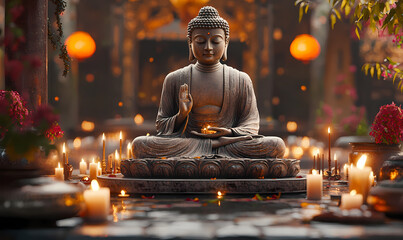 Wall Mural - A peaceful 3D Buddha in a meditative pose, surrounded by candles and incense, with detailed textures and warm, calming light creating a serene ambiance