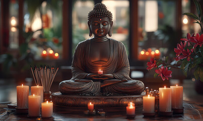 Wall Mural - A peaceful 3D Buddha in a meditative pose, surrounded by candles and incense, with detailed textures and warm, calming light creating a serene ambiance