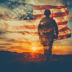 Double exposure Silhouette of Soldier on the United States flag in sunset for Veterans Day is an official USA public holiday background,copy space.