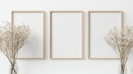 Poster - Elegant empty picture frames on a minimalist wall with delicate dried flowers in vases, capturing a serene interior design aesthetic