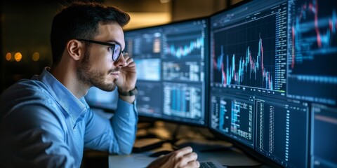 Fototapete - Financial analyst reviewing fraud prevention data on a digital platform secure and comprehensive interface