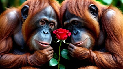 Two orangutans tenderly look at a single red rose. A scene of tenderness and love