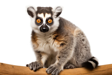 Wall Mural - A playful lemur cat with large, expressive eyes and a striped tail, isolated on white background