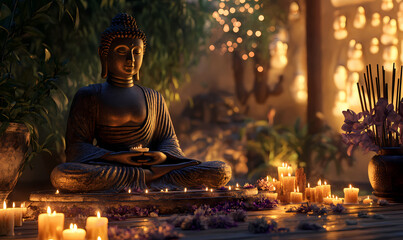 Wall Mural - A peaceful 3D Buddha in a meditative pose, surrounded by candles and incense, with detailed textures and warm, calming light creating a serene ambiance