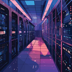 Poster - Dark server room network technology background with modern computers futuristic data center interior internet equipment digital concept