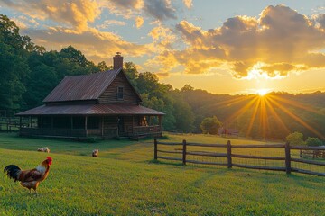 Poster - Rustic Log Cabin with Golden Sunset and Rooster in Field