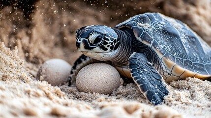 Wall Mural - Closeup shot of a sea turtle carefully covering its nest of eggs with sand to protect them on a tropical beach  The turtle s flippers work to gently bury the eggs