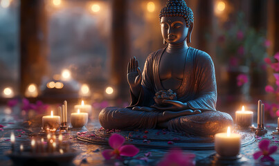 Wall Mural - A peaceful 3D Buddha in a meditative pose, surrounded by candles and incense, with detailed textures and warm, calming light creating a serene ambiance