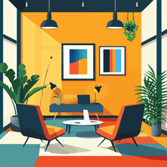 Poster - Modern interior design living room with sofa chairs coffee table houseplants and abstract painting on yellow wall backgroundillustration
