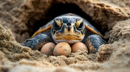 Wall Mural - Closeup photograph of a sea turtle guarding its freshly laid eggs in the sandy beach environment showcasing the creature s protective instincts and the fragile marine ecosystem