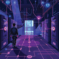 Wall Mural - Futuristic Cyberpunk Server Room Technology Data Center IllustrationBackground Removed Digital Art Concept Art Video Game Art Science Fiction Cyberpunk Style Man In Cyberpunk Room With Computer