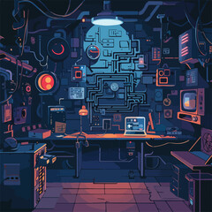 Fototapete - Cyberpunk Workshop Control Room Futuristic Technology Illustration Computers Wires Gauges Monitors Retro Interior DesignBackground Clip Art Digital Art Graphic Design Element Vaporwave Synthwave 80s
