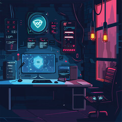 Poster - Cyberpunk Hacker Room With Neon Lights Futuristic Interior Illustration Background Digital Art Concept Art Gaming Setup Workspace Workstation Computer Desk High Tech Modern Design Dark Theme