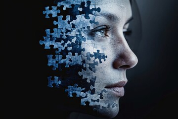 Wall Mural - Analytical thinking Cognition A womans face dissolving into puzzle pieces symbolizing the fragmentation of identity and the search for self awareness in a complex layered portrait