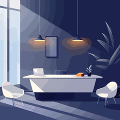 Poster - Modern office interior design reception desk chairs plants waiting area minimalist architecture business professional workspace corporate empty room blue wall illustration background