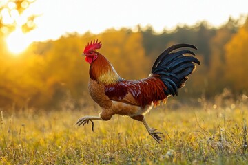 Poster - Rooster Running Through Grass in Golden Hour