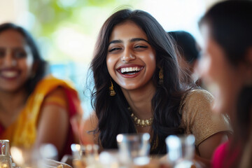 Wall Mural - A woman is smiling and laughing with her friends at a table