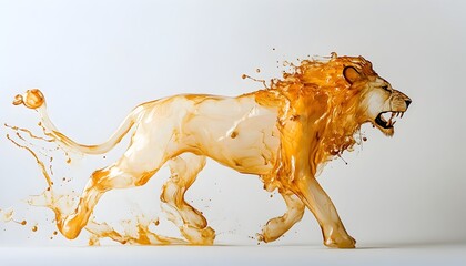 Wall Mural - Majestic Liquid Lion Sculpture with Dramatic Paint Splashes on White Background