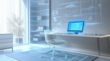 Poster - models of furniture smart home office with a holographic virtual assistant
