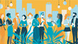 © Graphic Dude - Diverse group of people socializing at a business networking event with drinks and conversation in a modern urban settingillustration with yellow and blue color palette