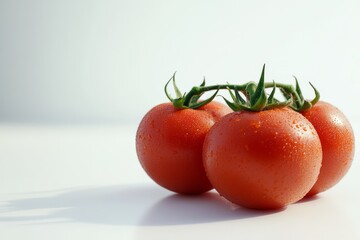 Sticker - Three plump, red tomatoes, still attached to a vine, sit on a crisp white background, showcasing their vibrant color and juicy texture.  The tomatoes represent freshness, health, and the bounty of nat