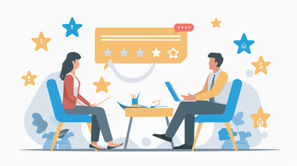 Poster - Business meeting customer feedback five star rating positive review online satisfaction service experience quality client testimonial service evaluation consumer excellent supportillustration design