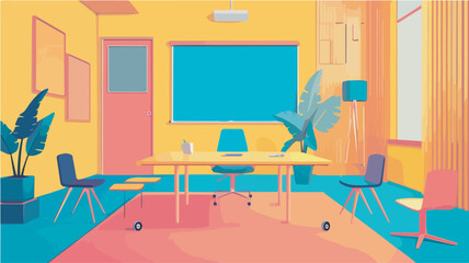 Poster - Modern office interior design empty contemporary coworking space with furniture horizontal banner bright colorful workplace background
