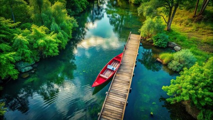 Overhead view of a Tomato Red canoe drifting down a lazy river, surrounded by vibrant green trees and rustic wooden docks, soft diffused lighting, sense of adventure, a realistic photo image.