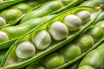 Vibrant green broad bean pod split open, revealing tender, creamy-white seeds nestled among delicate, soft-focused edges and subtle texture in natural light.