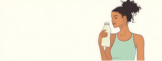 Wall Mural - Drawing style, a woman in a green tank top holding a water bottle at waist level, against a white background, with simple lines, a vector illustration, and a flat design, doodle style