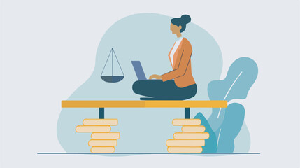 Poster - Businesswoman lawyer working on laptop online legal service law firm justice symbol scales legal advice online consultation jurisprudence concept
